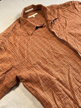 Mens Perry Ellis Linen Blend Brown Plaid Short Sleeve Button Down Shirt (Large)